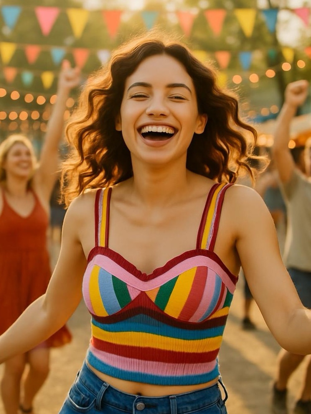 Cider Multicolor Striped Knit Crop Top — Pink, Yellow, Blue & Green Crochet Sz S